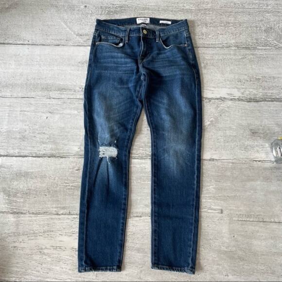 Frame Denim Le Garcon Denim Jeans Skinny Size 26 Dark Wash Factory Distressed - Picture 1 of 10